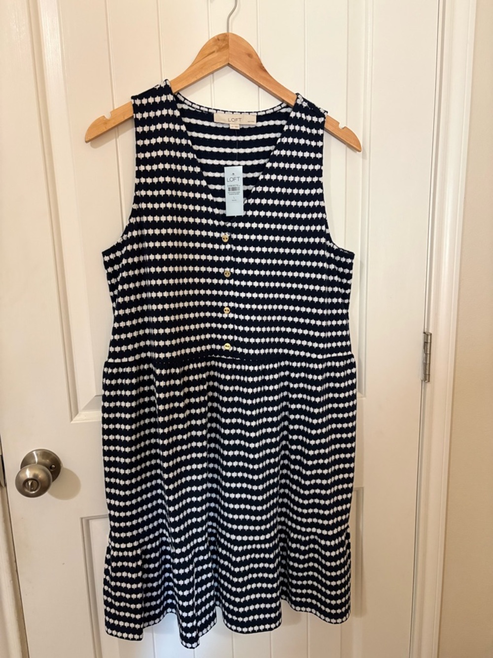 LOFT Navy & White Sleeveless Midi Dress with Button Front